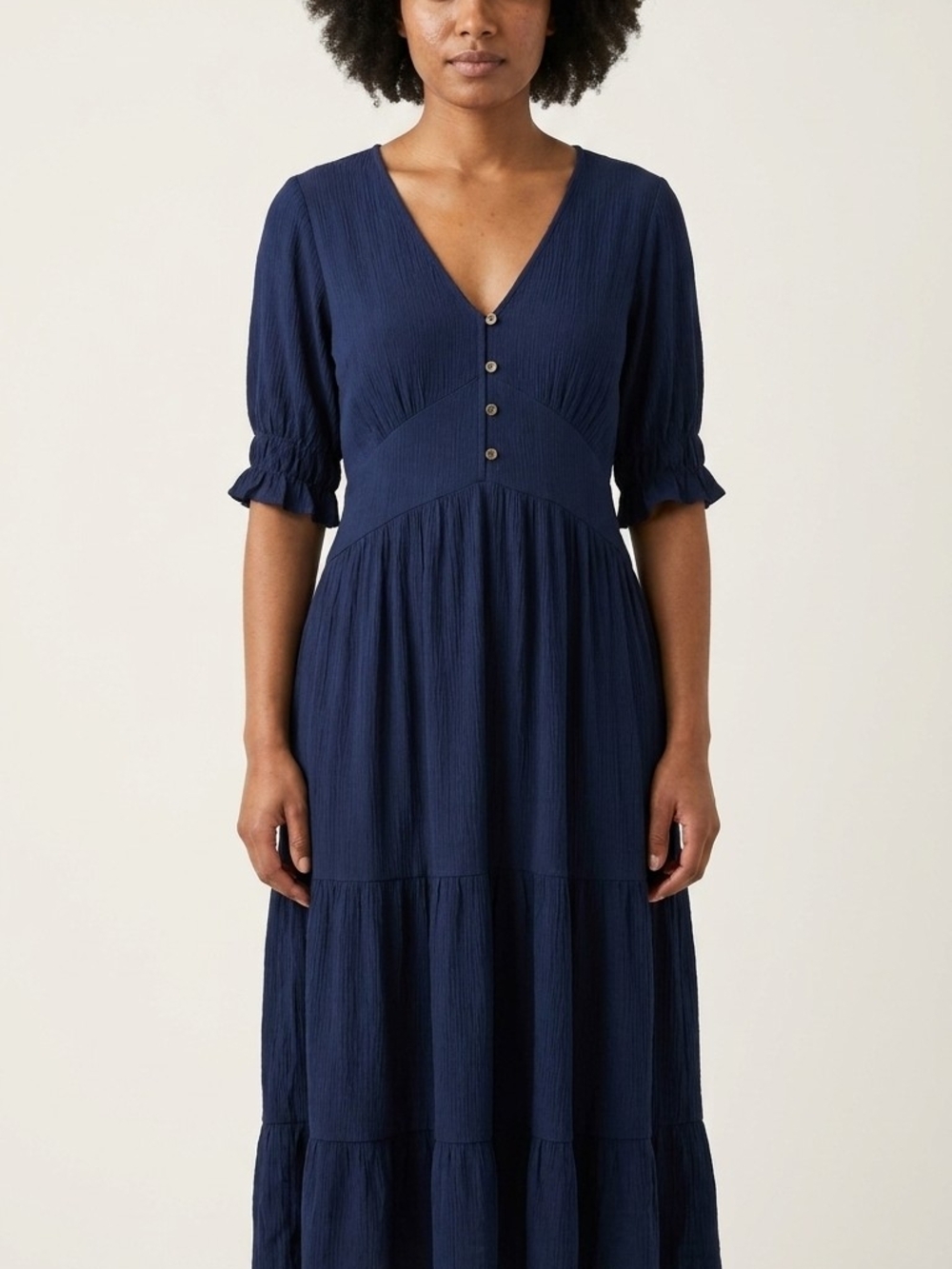 V-Neck Navy Tiered Maxi Dress with Button Front